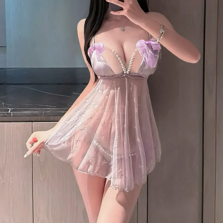 吊带睡裙性感蕾丝睡衣女纯欲风夏季蕾丝珍珠吊带小清新战袍法式