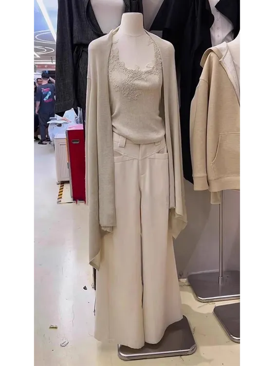 韩系气质温柔风套装针织开衫蕾丝吊带背心上衣女秋季休闲裤三件套