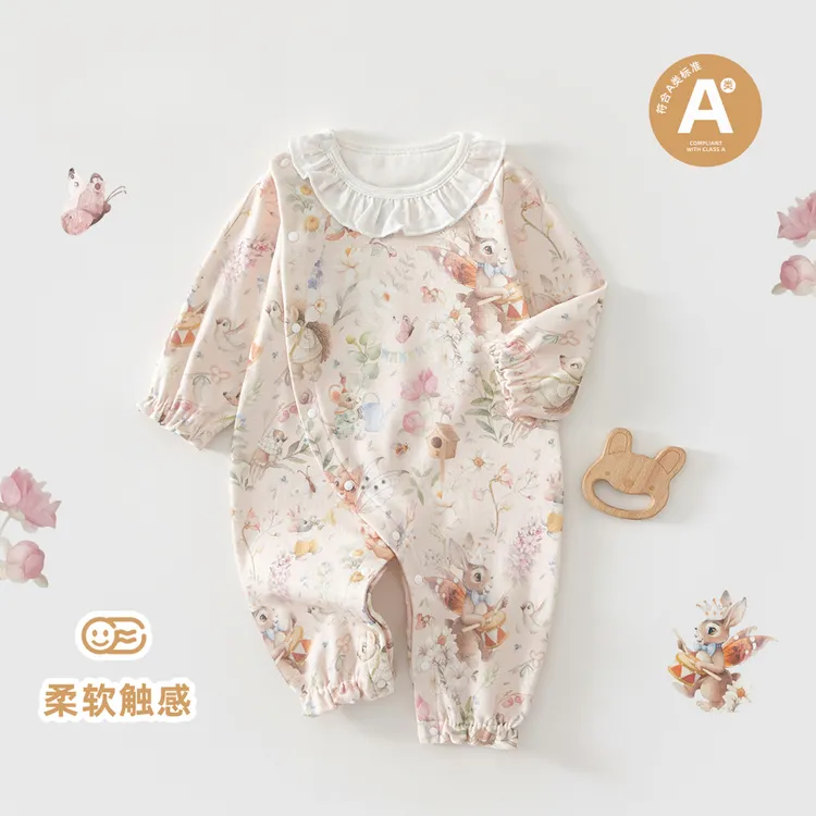 婴儿春秋连体衣长袖满月女宝宝春装公主外出衣服秋季纯棉爬服哈衣