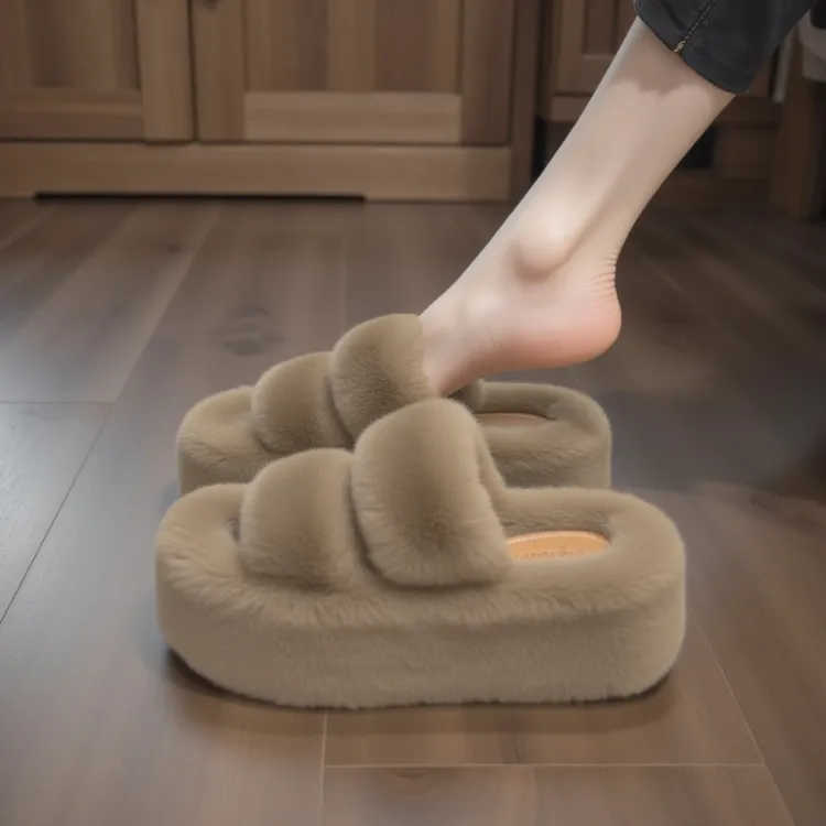 【羊羔绒】厚底毛毛拖鞋女外穿冬季新款加绒5cm增高防滑软底棉拖