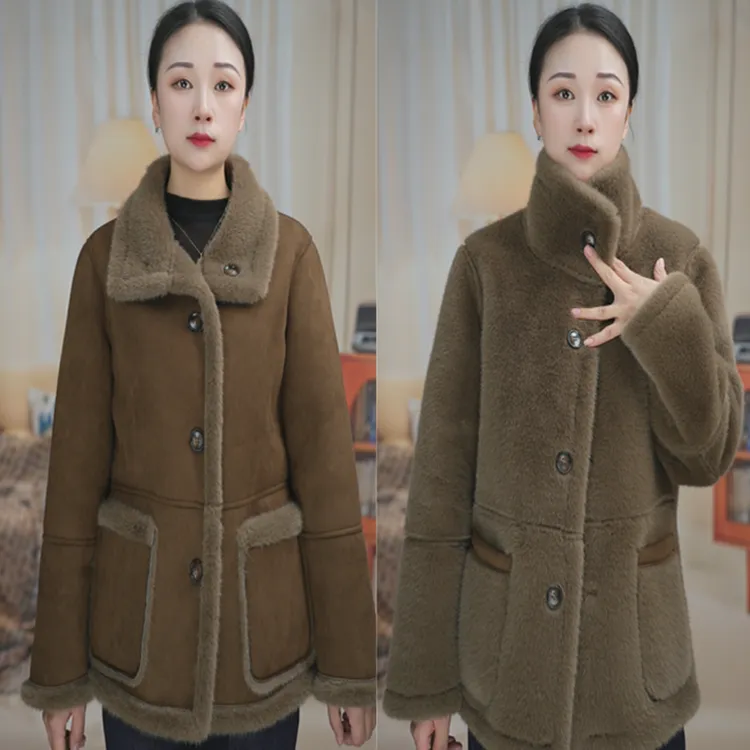 2025加厚保暖绒毛一体短外套秋冬女士加绒加厚外套冬款