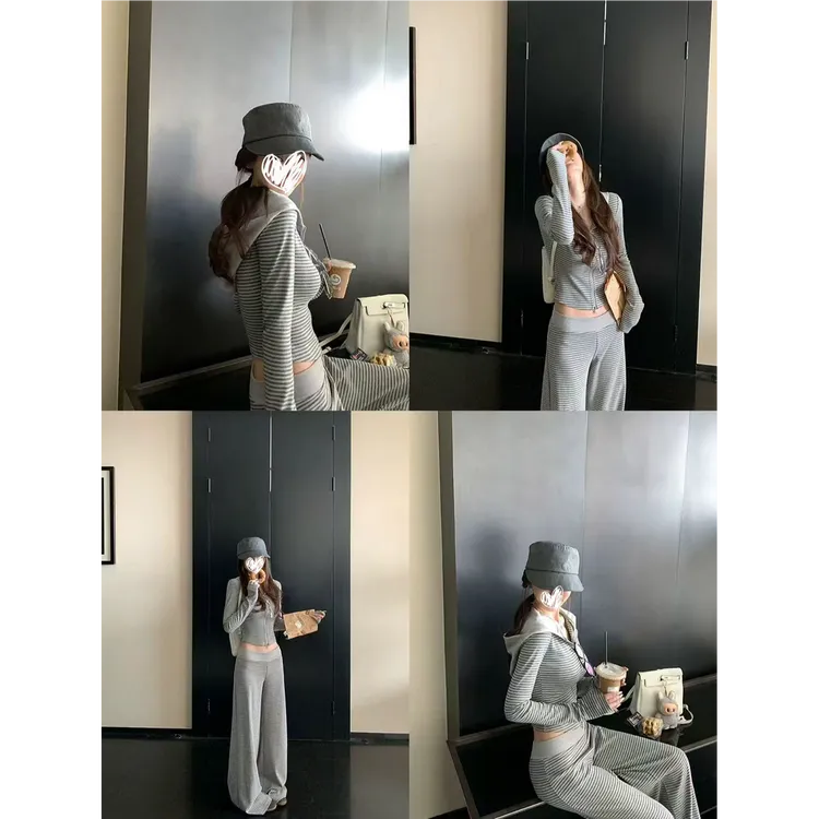 “慵懒周末outfit”软糯条纹控入秋正肩连帽卫衣套装A1259+A1260
