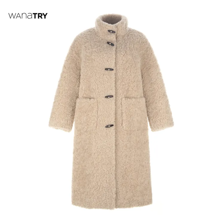 【自播专享】wana try 杏色羊毛牛角扣慵懒长款外套（显瘦）