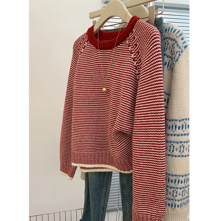 高级感韩系撞色条纹圆领毛衣女秋冬新款加厚小个子短款针织衫上衣