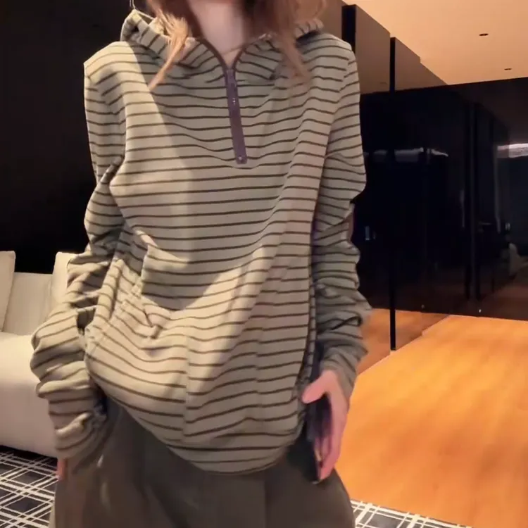 【条纹韵律】新款小众设计连帽条纹长袖半拉链卫衣LK2509305