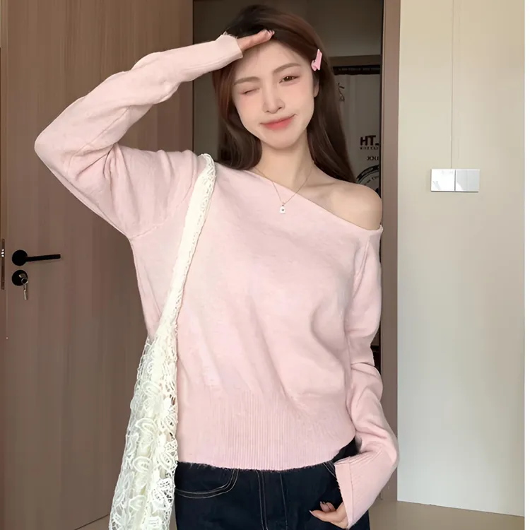 【优雅美丽】休闲慵懒风2025春秋宽松针织打底衫高级感一字肩上衣女