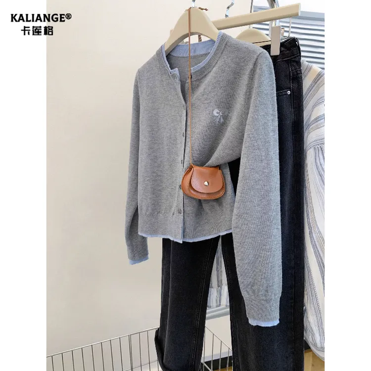 卡莲格/灰色假两件长袖针织开衫外套女秋季新款修身显瘦圆领毛衣