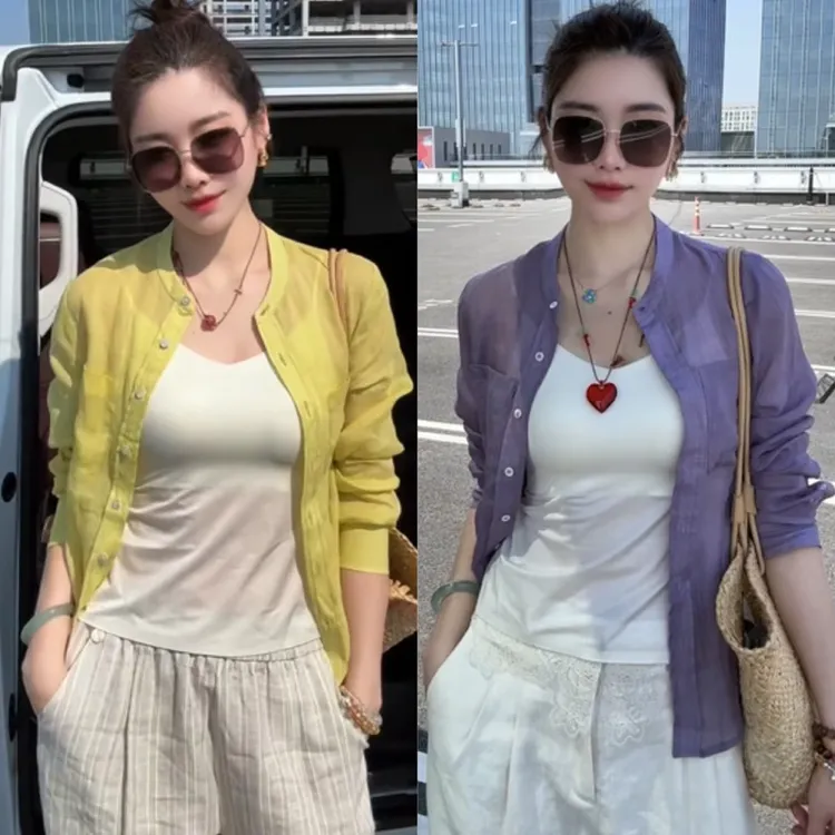 欧货时尚简约苎麻防晒长袖衬衫女春夏高级感气质百搭薄款开衫上衣