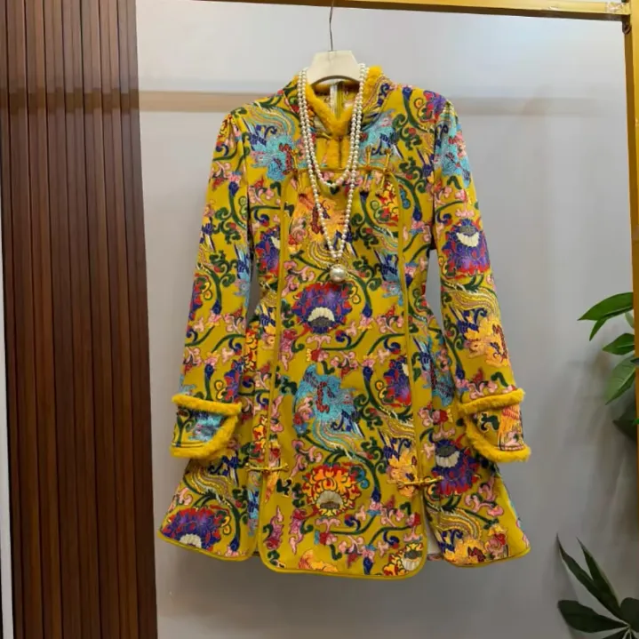 乐9738冬季新款大码女新中式国风碎花盘扣立领拼接毛毛加绒连衣裙