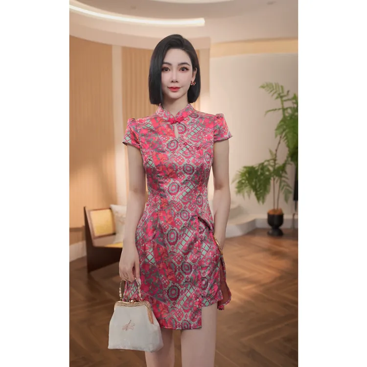 夏季新款【赤霞流芳】新中式国风气质优雅立领修身显瘦旗袍两件套