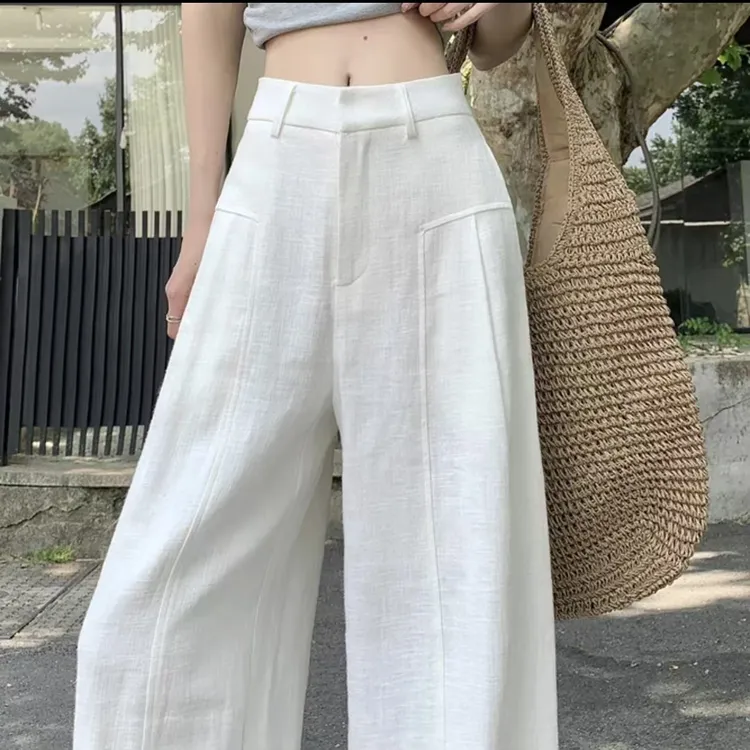 【现货+运费险】白色苎麻阔腿女2025夏薄款高腰垂感西装亚麻9966*