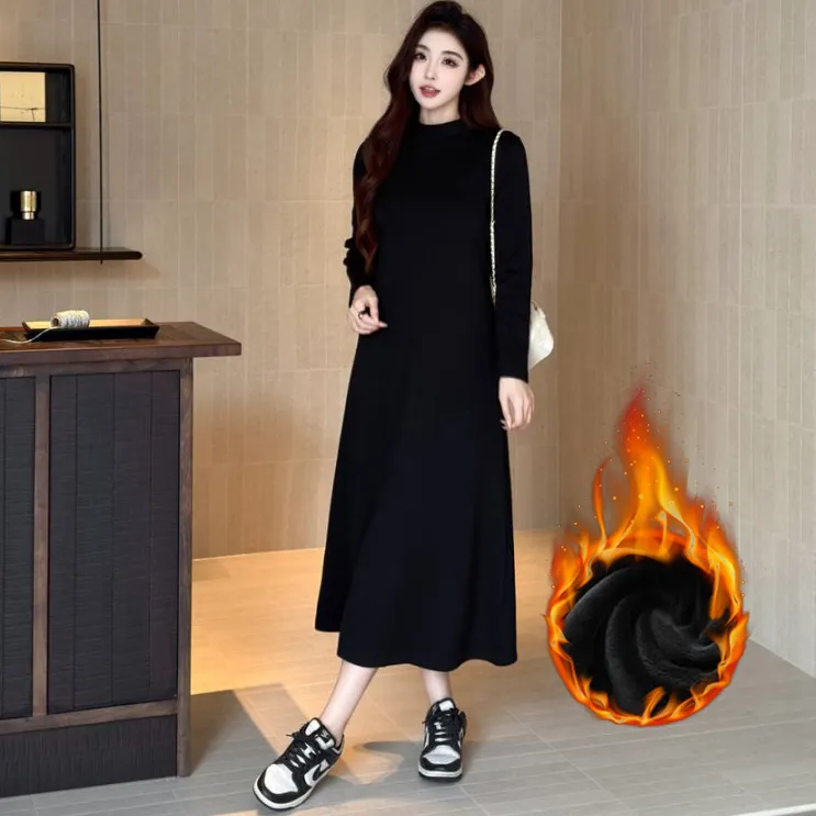 连衣裙女秋冬高级感半高领长款宽松显瘦配大衣打底裙漂亮出片衣服