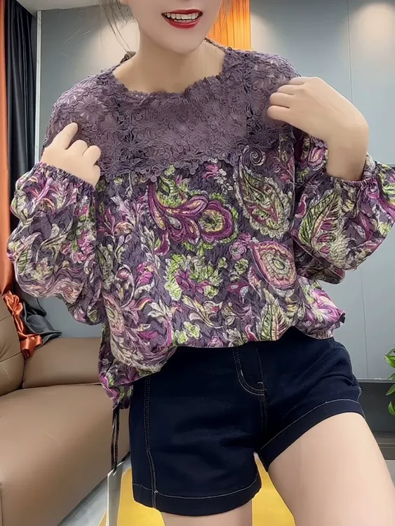 圆领紫色碎花蕾丝拼接长袖t恤雪纺衫女时尚宽松复古民族风上衣新