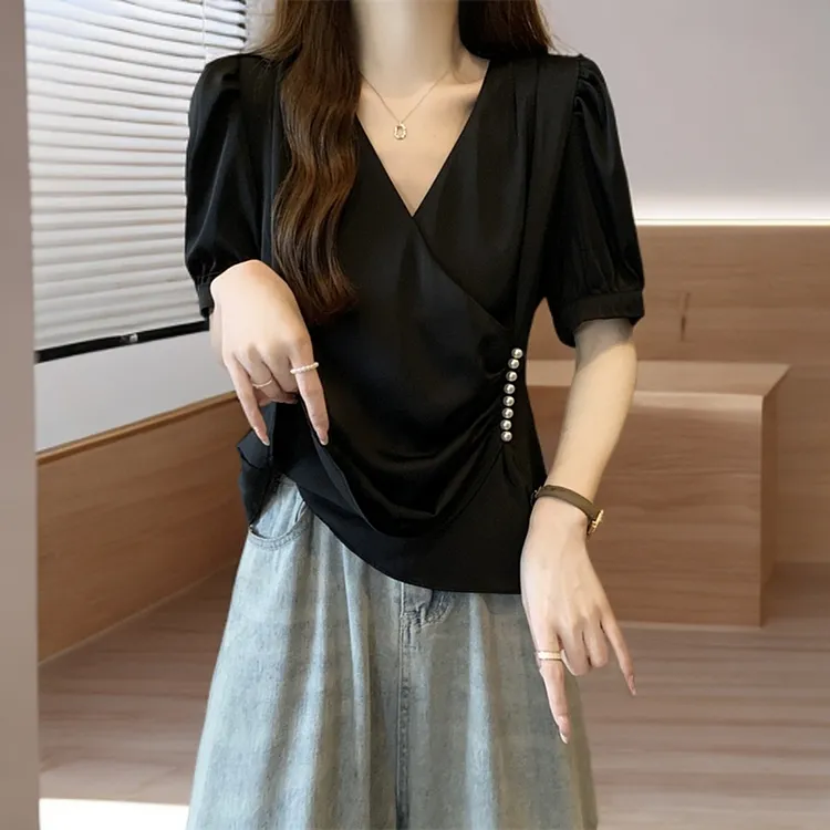 大码女装遮肚子别致交叉V领短袖衬衫胖MM正肩减龄收腰显瘦上衣女