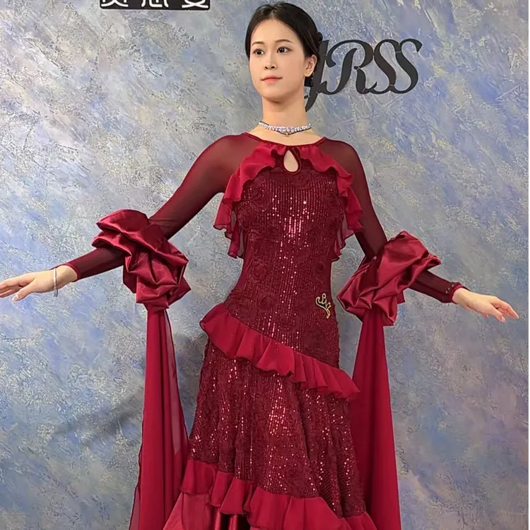  YRSS舞服♥新款酒红亮片锻修身摩登表演舞裙