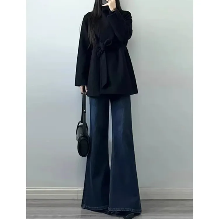 不贴腿微喇牛仔裤女秋冬季加绒高个子梨型遮胯显瘦阔腿喇叭裤子