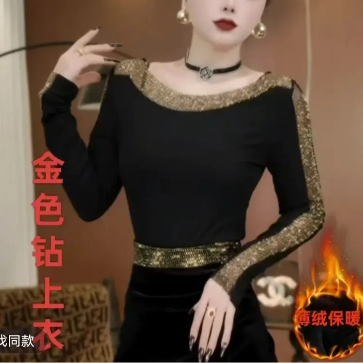 【千千屿】冬季新款时尚百搭设计款性感镂空烫钻长袖上衣体恤111