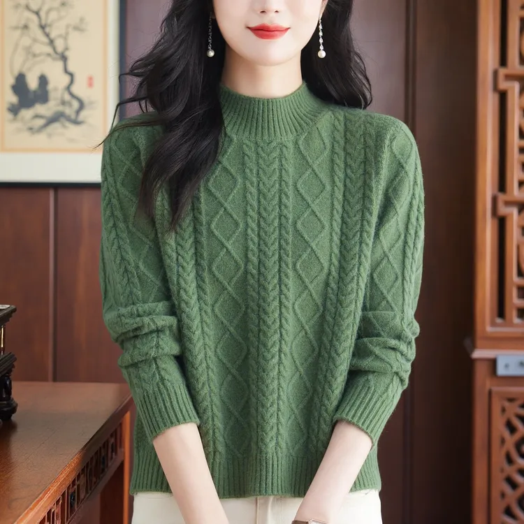 纯100羊绒衫2025秋冬新款女士中年妙龄套头针织半高领宽松毛衣
