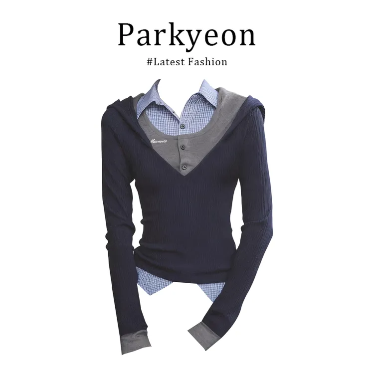 parkyeon假三件美式长袖polo衫格子针织T恤女2025秋季显瘦上衣