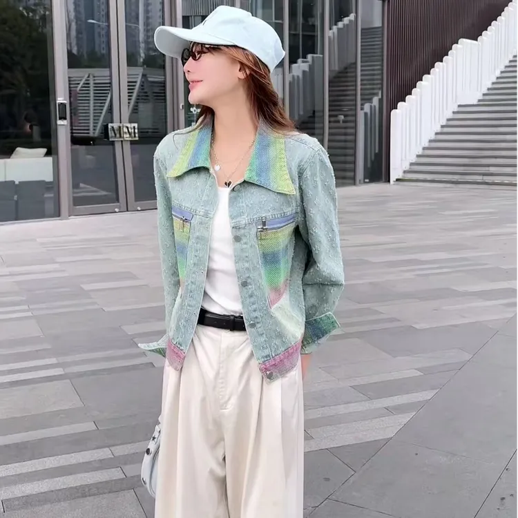 小个子短款破洞拼接复古牛仔短外套女春秋季高级洋气时尚百搭上衣