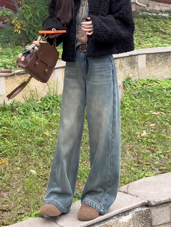 复古做旧阔腿牛仔裤女冬季2025新款垂感显瘦百搭今年流行超火裤子