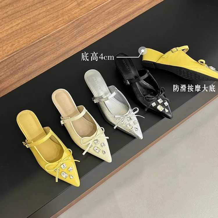 平底时尚水钻包头拖方头凉鞋按摩坡跟中跟蝴蝶结增高凉拖包头拖鞋