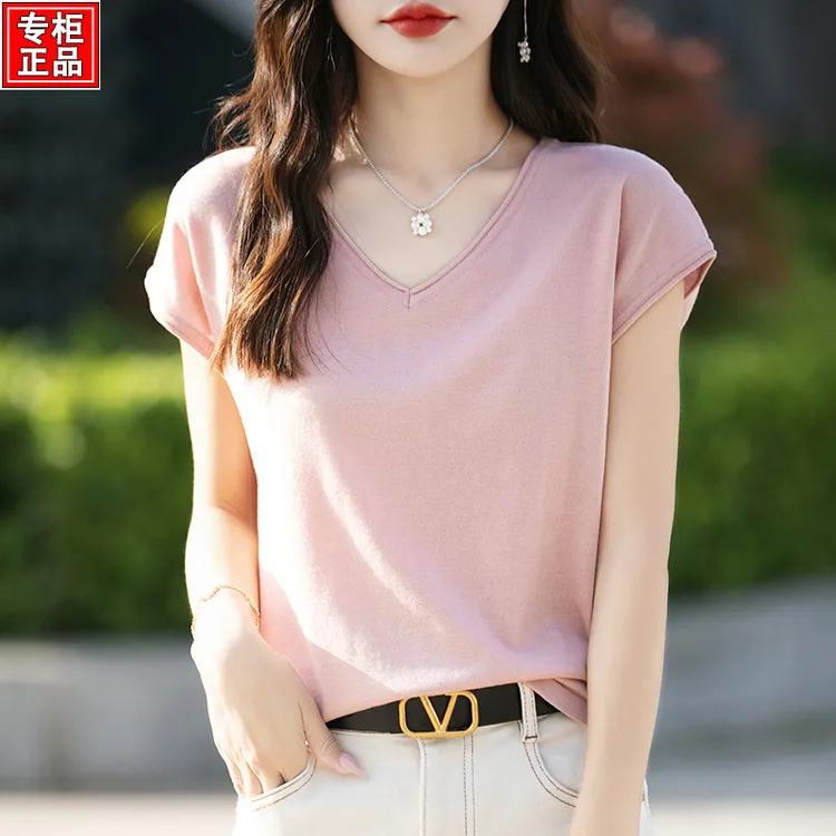 哥弟阿玛施正品2025夏季新款V领小飞袖卷边短袖针织衫女百搭上衣