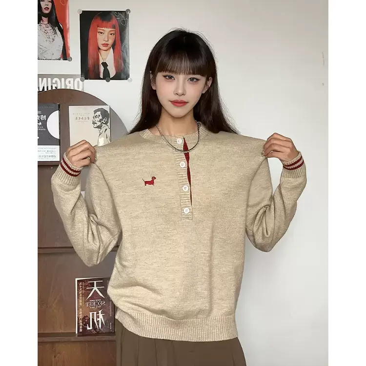 韩系慵懒风亨利领毛衣女早秋季宽松复古套头针织衫撞色显瘦上衣潮