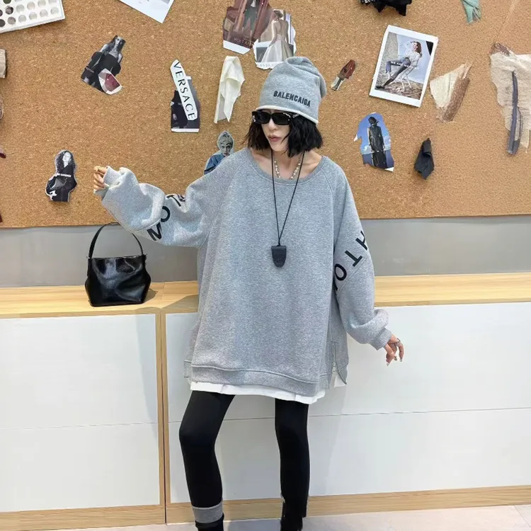 XPP特体大码300斤假两件加绒中长款卫衣慵懒风拉链开叉上衣50937