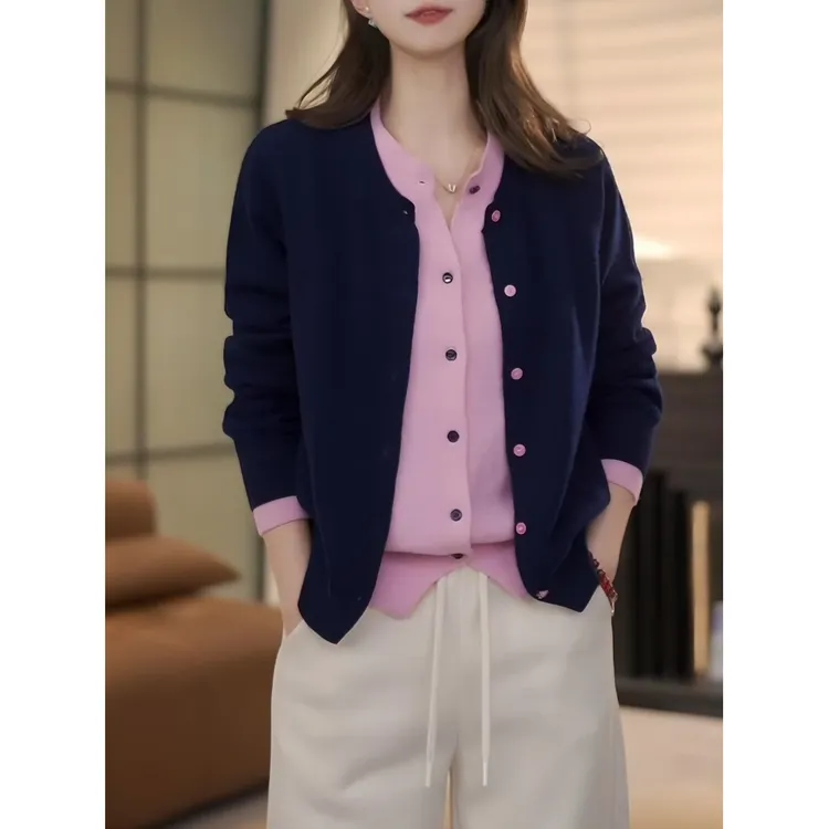 韩版减龄撞色假两件毛衣女2025新款春秋长袖气质洋气针织衫上衣潮