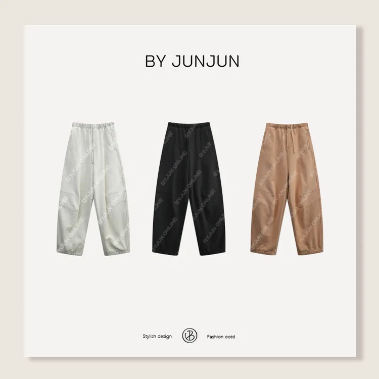 Byjunjun 立体剪裁松紧腰阔腿裤松紧腰系带休闲裤