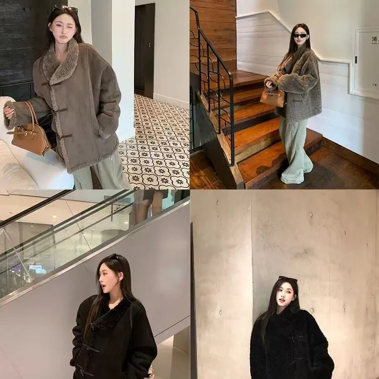 【莓柿叭专属】冬日诺丁山）双面穿仿羊羔毛麂皮牛角扣外套女皮毛一体上衣