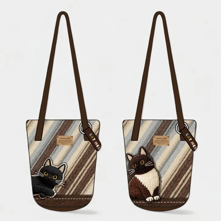 设计师原创刺绣斜纹毛线黑煤球细肩带水桶包通勤大容量单肩斜跨包