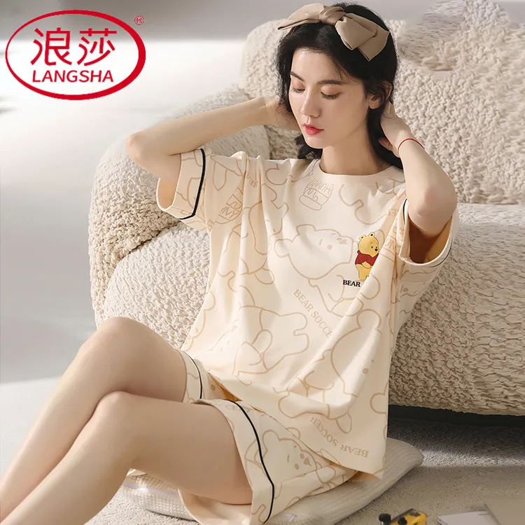 浪莎2025年新款睡衣女夏季薄款纯棉短袖少女套装可外穿卡通家居服