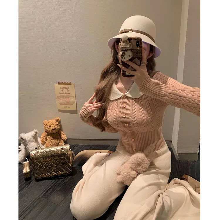 纯色娃娃领麻花长袖针织衫软糯甜美打底上衣女高腰直筒休闲长裤子