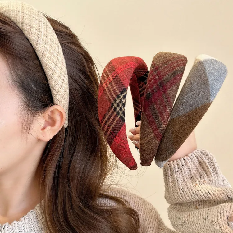 秋冬毛呢格子宽边高颅顶发箍女时尚洋气外出百搭发卡洗脸压发头箍