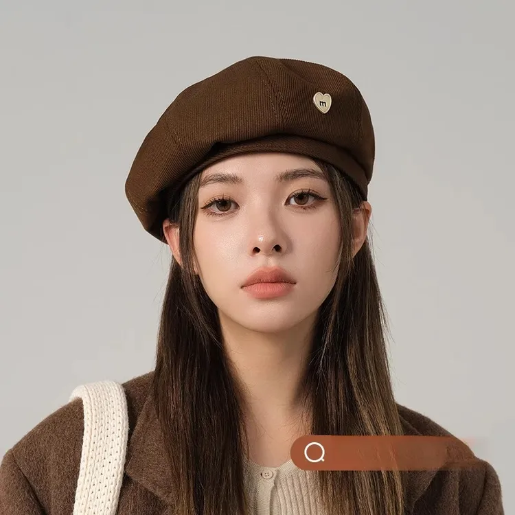 贝雷帽女秋冬款2024新款大头围显脸小韩系棕色画家帽冬秋八角帽子