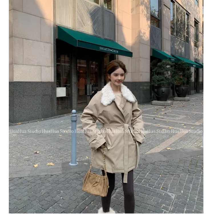 【花花】纽约时报~韩系毛领腰带羽绒服加厚保暖风衣工装风羽绒服