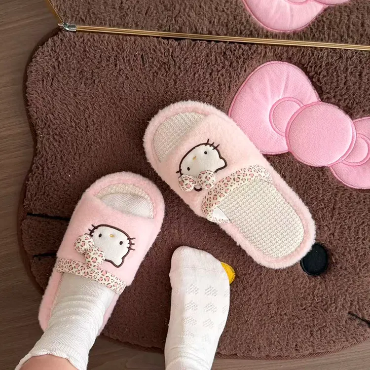 可爱少女心Kitty开口亚麻拖鞋女夏季卡通平底居家防滑地板拖鞋女商品图