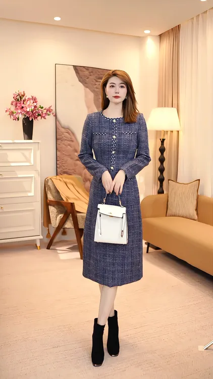 法式复古港风拉链纯色常规连衣裙女装显瘦中长款 86088