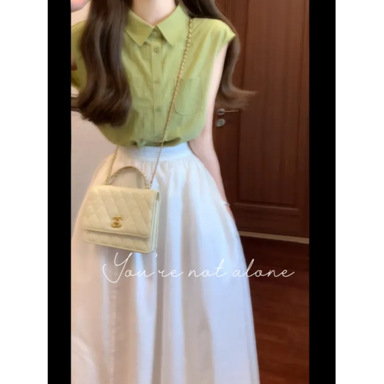 2025夏季新款宽松休闲无袖纯色小飞袖高级感衬衫上衣搭高腰半身裙