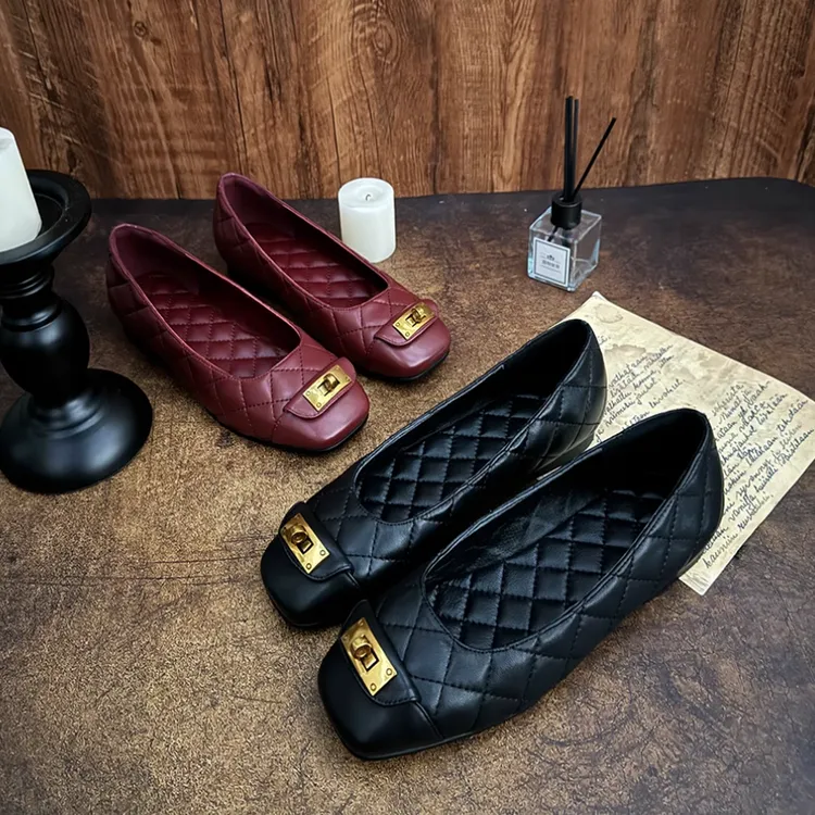 【TCZE】法式方头菱格单鞋女金属锁扣浅口芭蕾舞平底鞋