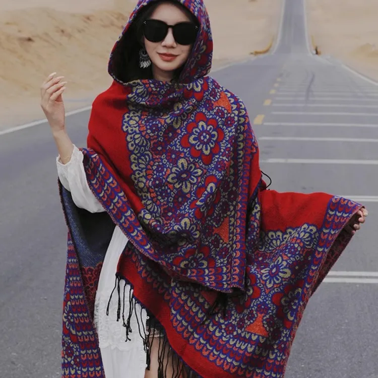 【萌妹子】民族风带帽斗蓬披肩女保暖茶卡丽江西藏旅行红色带帽披风