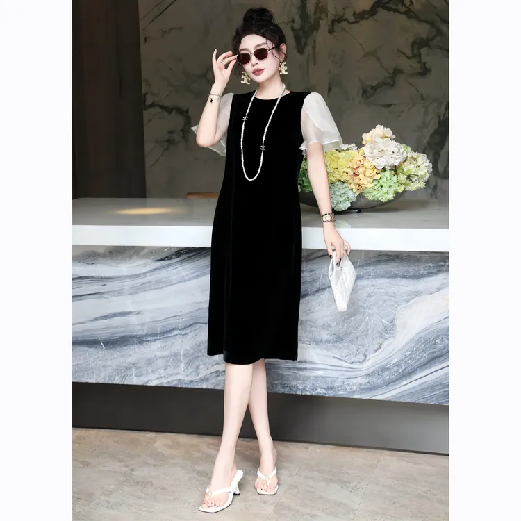 ZEROYK法式小香风连衣裙夏季新款真丝丝绒撞色拼纱袖修身显瘦裙子