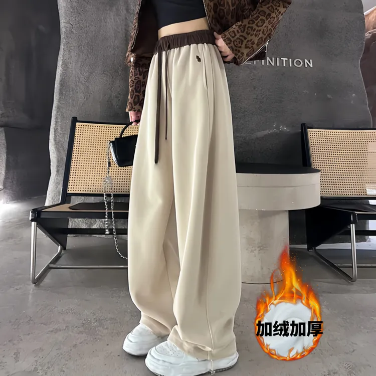 【加绒加厚】慵懒风刺绣秋冬百搭显瘦高腰拼色休闲弯刀裤（一裤两穿）