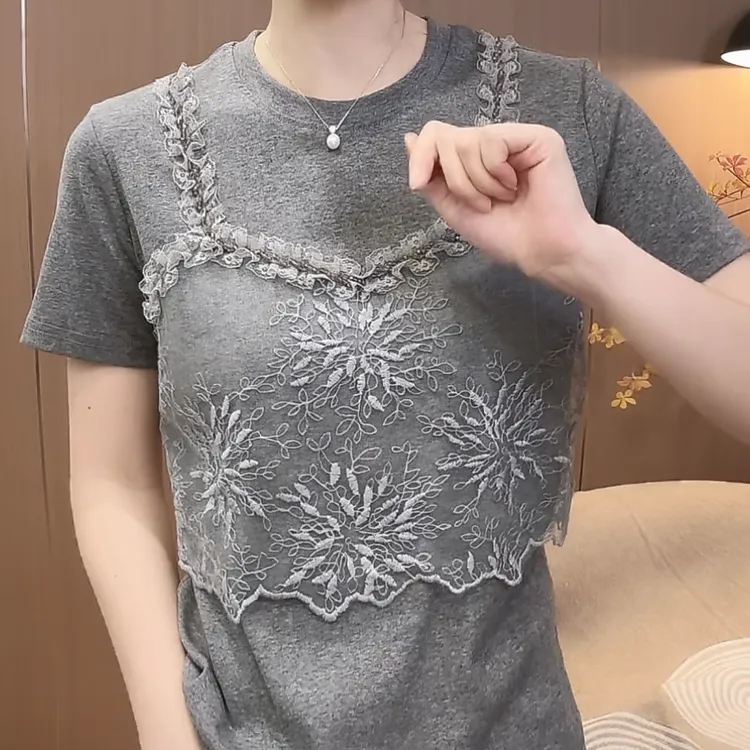 假两件蕾丝钉珠短袖独特上衣女2025新款时尚修身显瘦百搭上衣