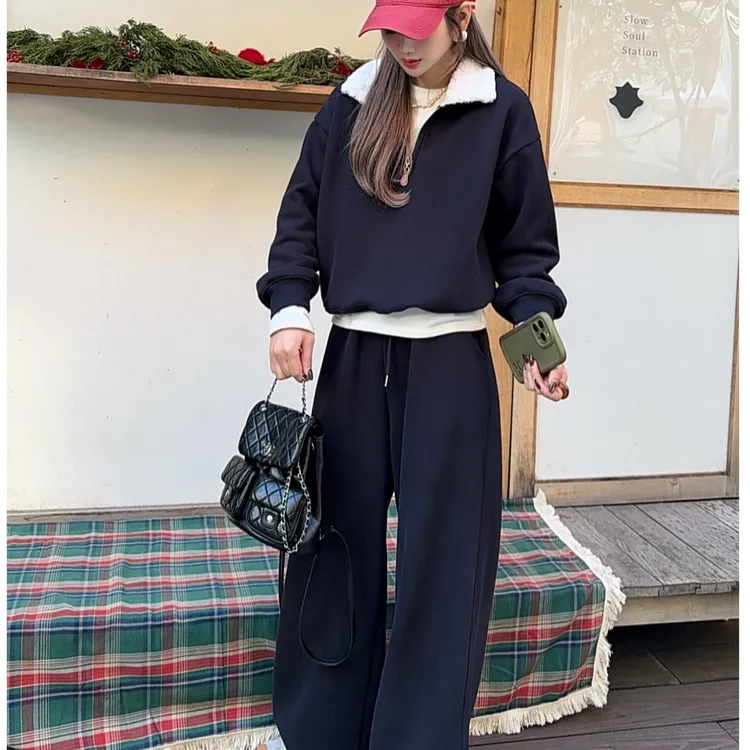 韩版加绒加厚翻领长袖卫衣休闲卫裤两件套女2025冬季新款时尚套装