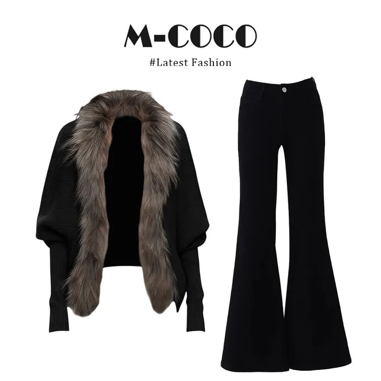 韩系时髦蝙蝠袖毛领针织外套上衣高腰显瘦喇叭裤两件套