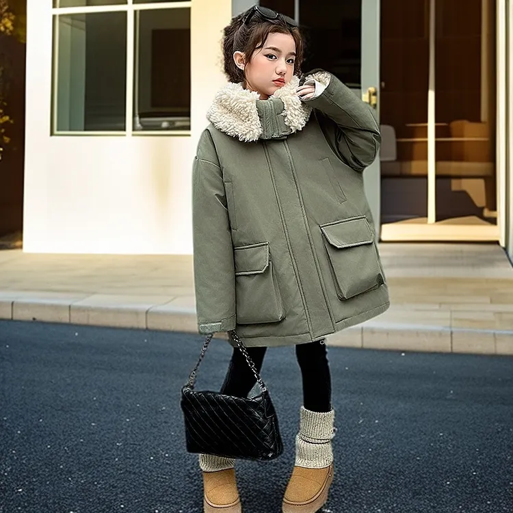 女童冬季加绒加绒派克服2025新款6-12岁15中大童洋气休闲加厚外套