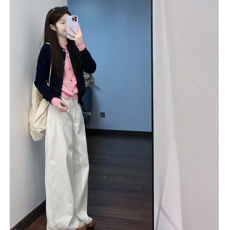 秋装女装高级感炸街洋气网红两件套气质假两件针织衫白色裤子套装